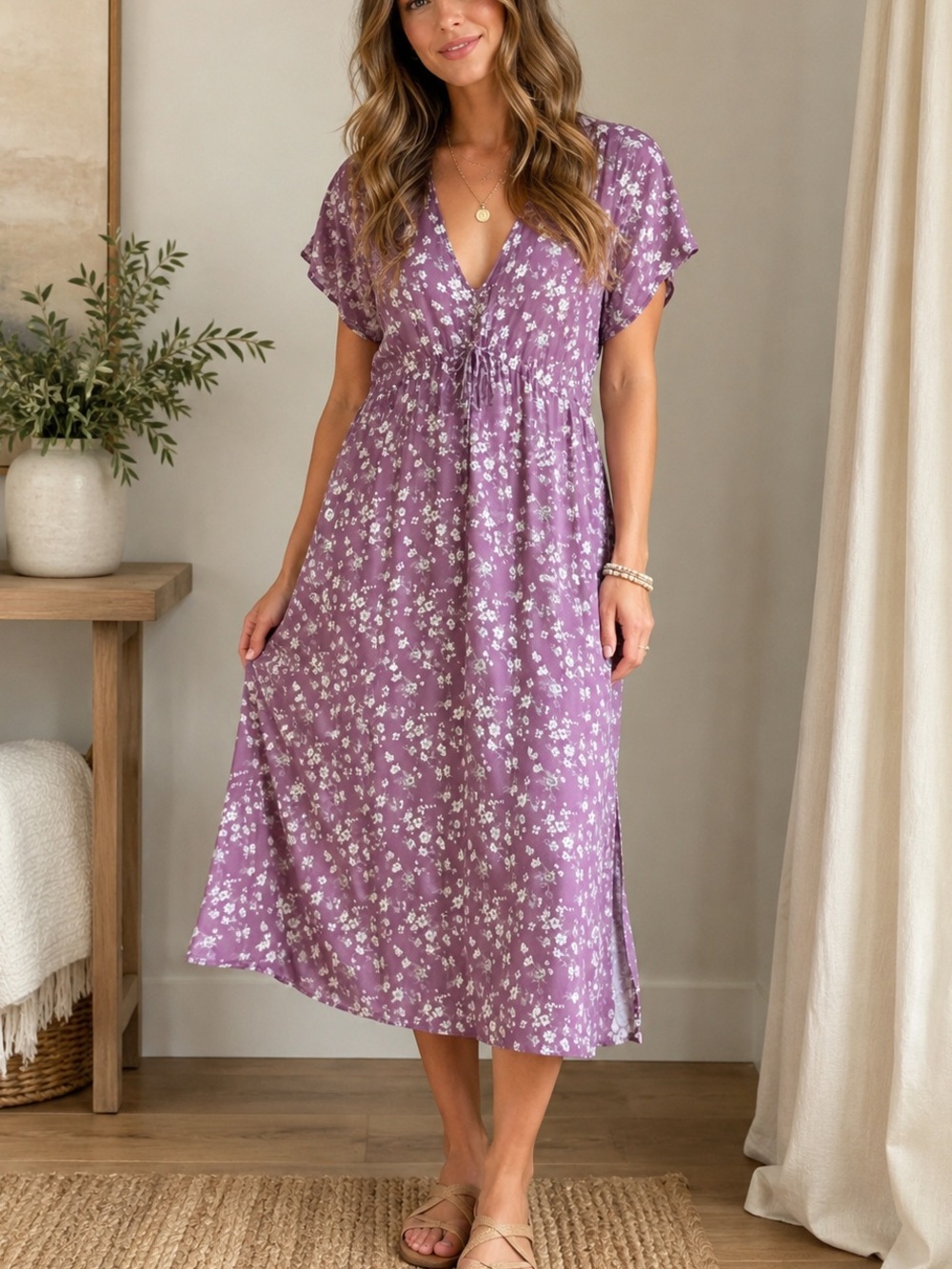Reistor Floral Midi Dress XL Mauve Boho Cottagecore Flutter Sleeve Relaxed